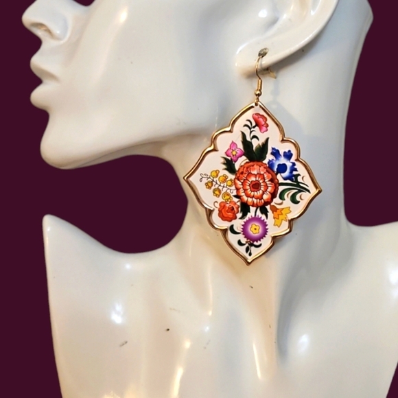 PLUNDER Large Floral Enamel Coquette  Statement Dangle Hook Earrings - Picture 1 of 5